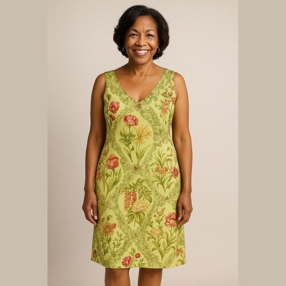 Talbots Dresses & Skirts - Talbots Yellow Green Floral Sleeveless 100% Cotton A-Line Midi Dress Size 10